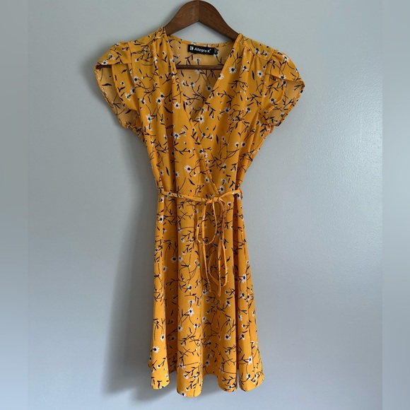 Allegra K Mustard Floral Midi Dress Size XS - Picture 1 of 1